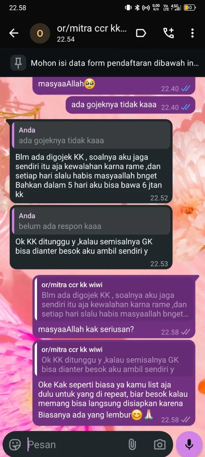 Percakapan testimoni mitra Chicken Crunchy Roll 1