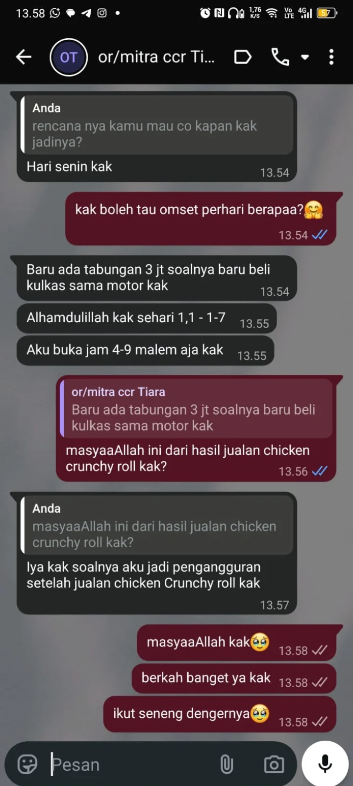 Percakapan testimoni mitra Chicken Crunchy Roll 3